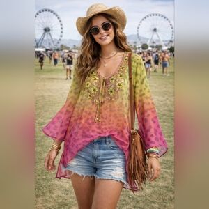 Lamoda Hindu Pink Yellow Green Sheer Ombre Animal Print Sequin Beaded Tunic